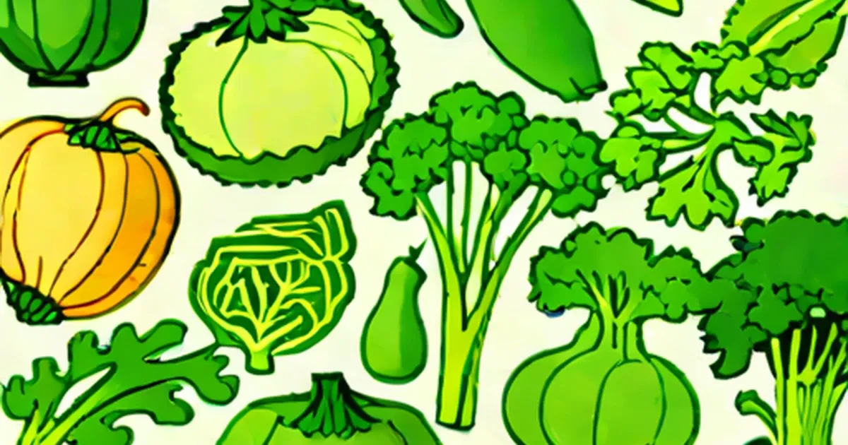 Illustration of mixed green vegetables including broccoli, cabbage, and peppers