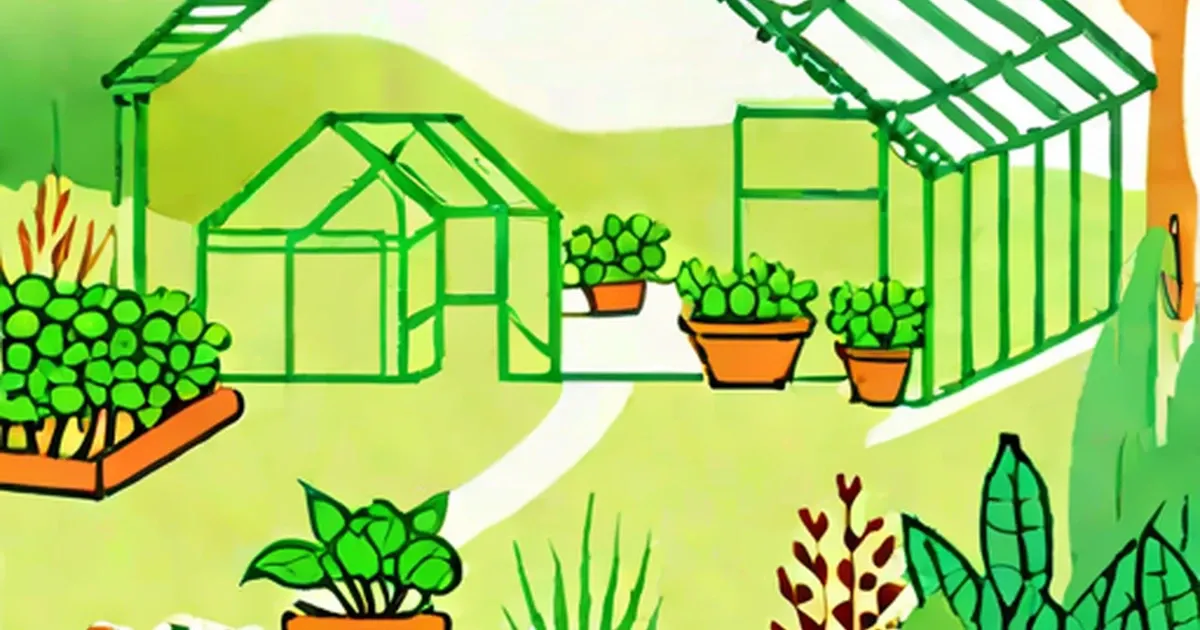 Greenhouses and potted plants in a sunny garden