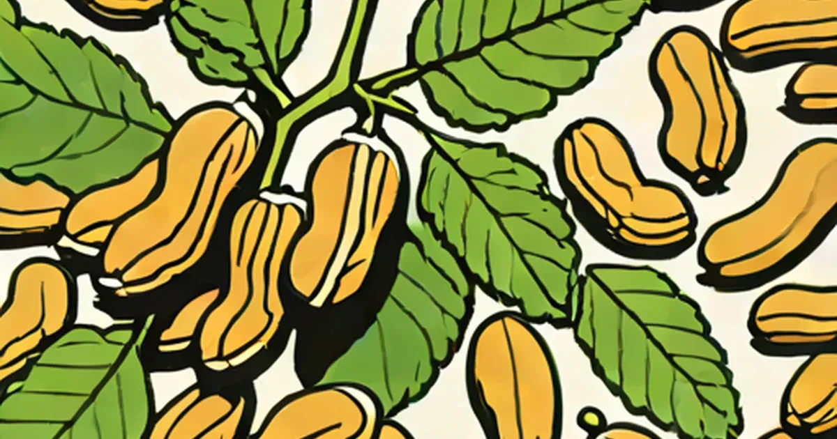 Yellow peanut pods growing on plant stems with green leaves