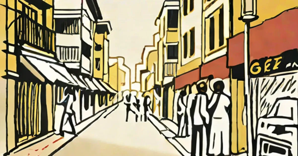 Illustration of a narrow street with yellow buildings and silhouetted people