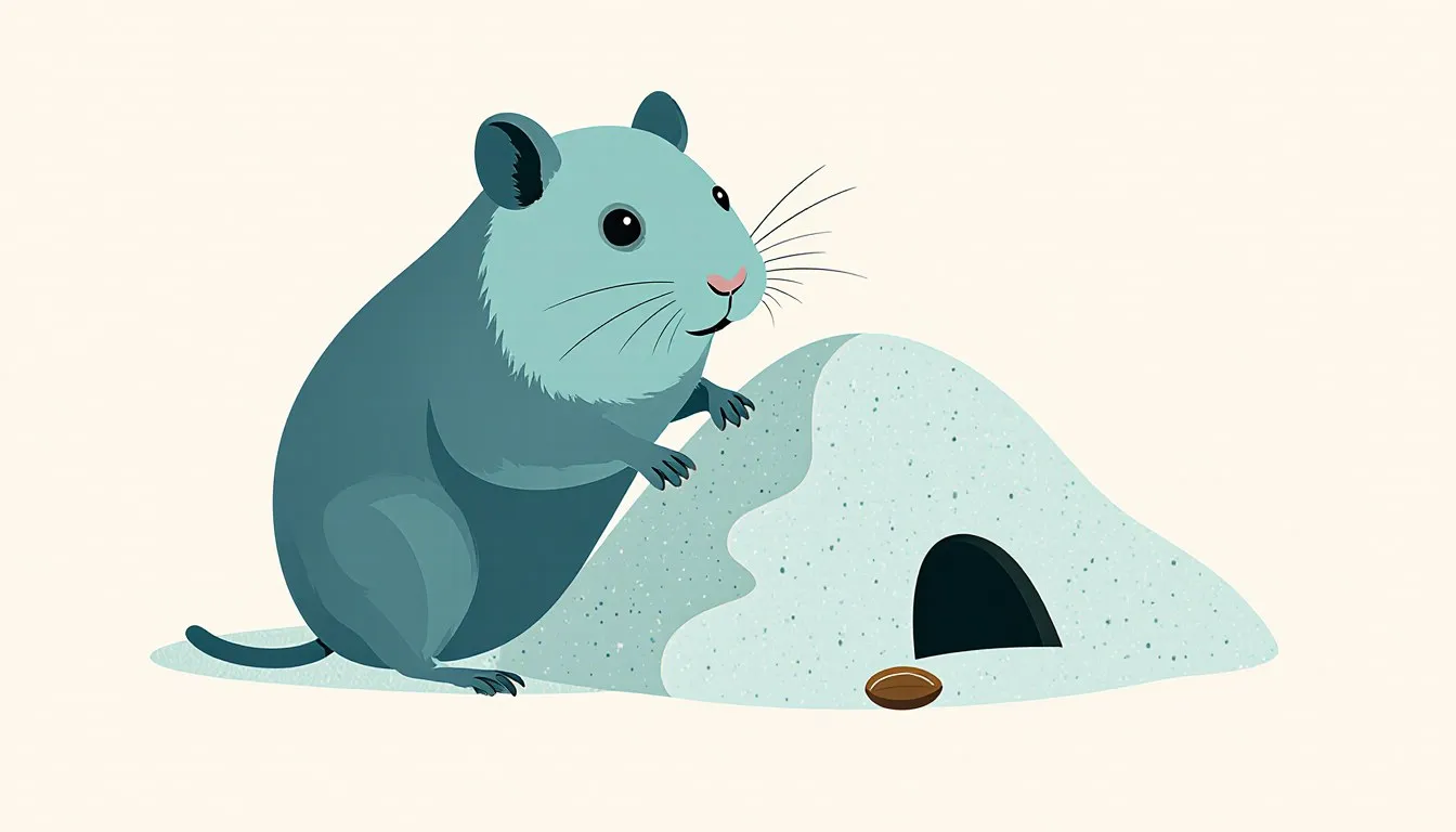 A small Roborovski hamster sits upright on sandy bedding beside its burrow entrance