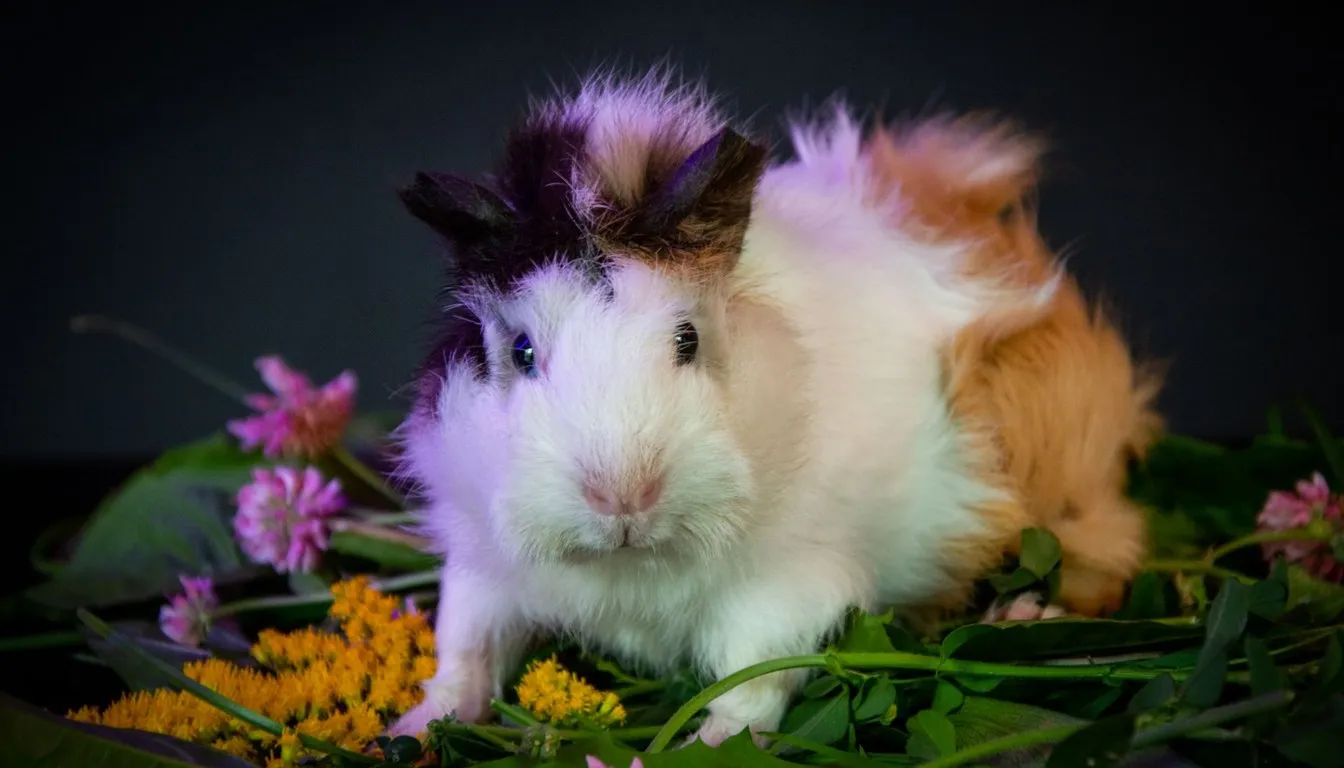 Two fluffy guinea pigs posed among flowers