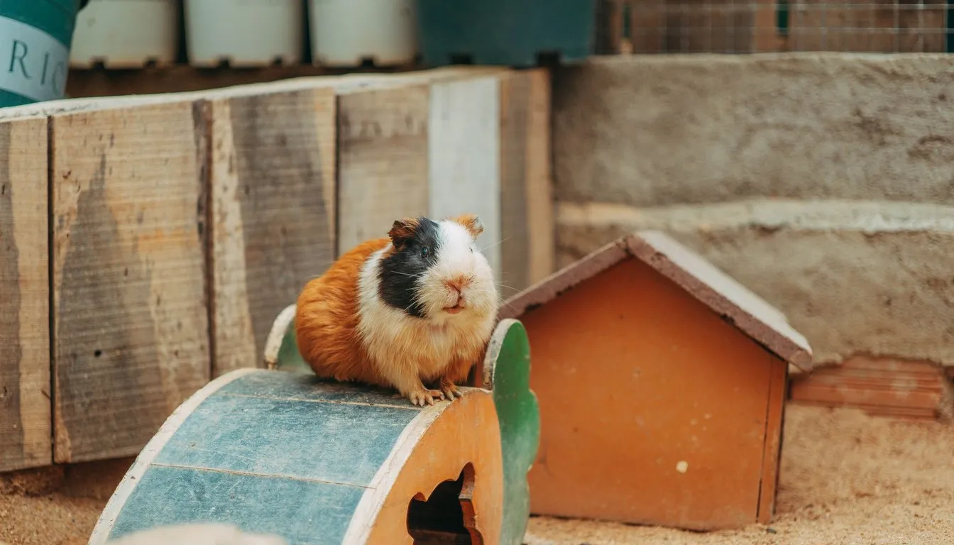 A guinea pig in an enclosure with a small wooden house