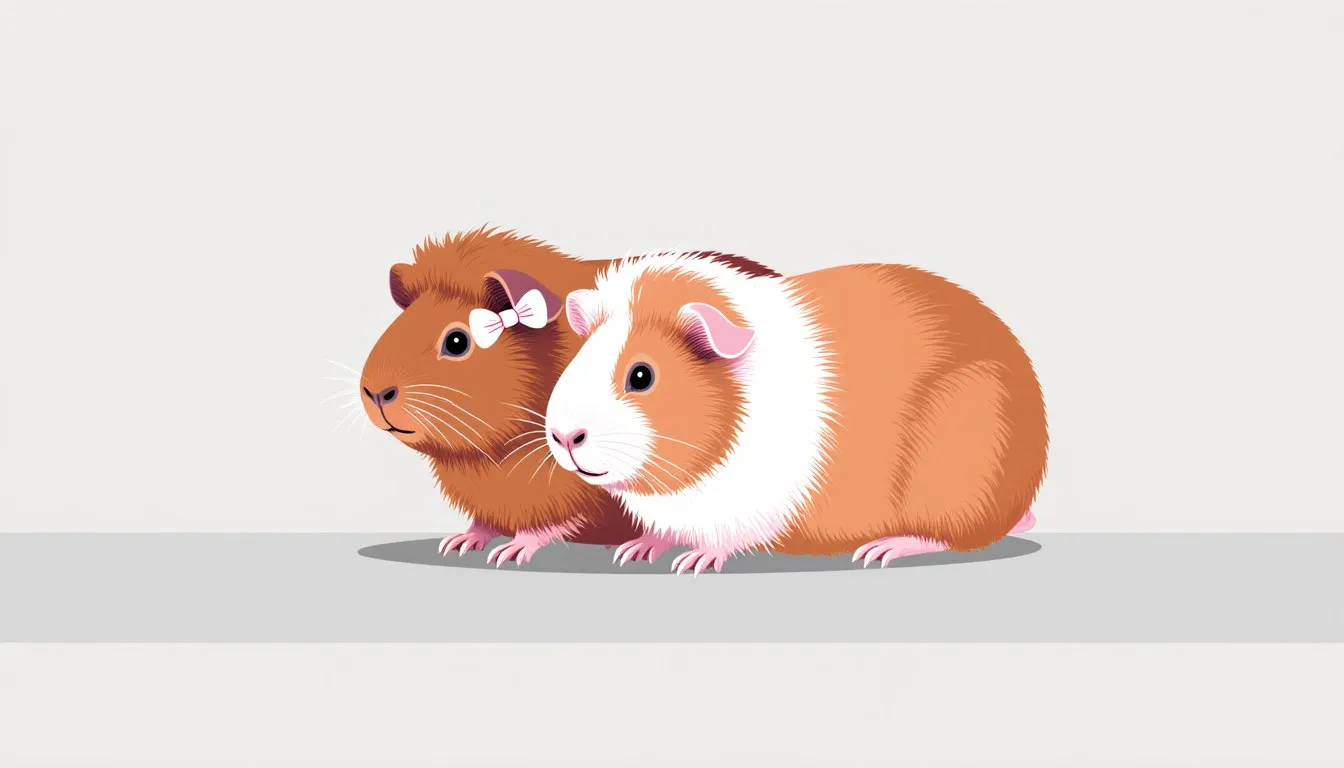 Two guinea pigs sitting together, one wearing a small ribbon, illustrating names for female guinea pigs