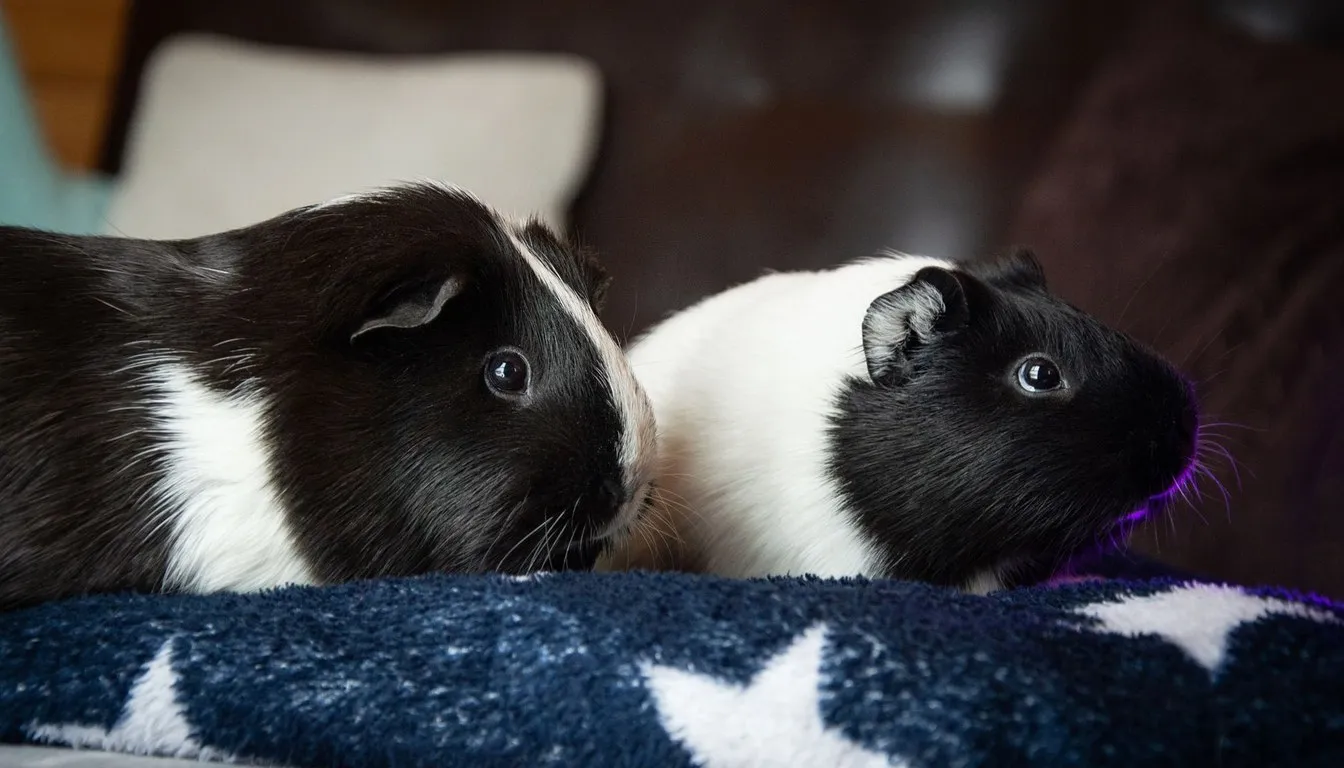 Two black-and-white guinea pigs side by side on a blanket