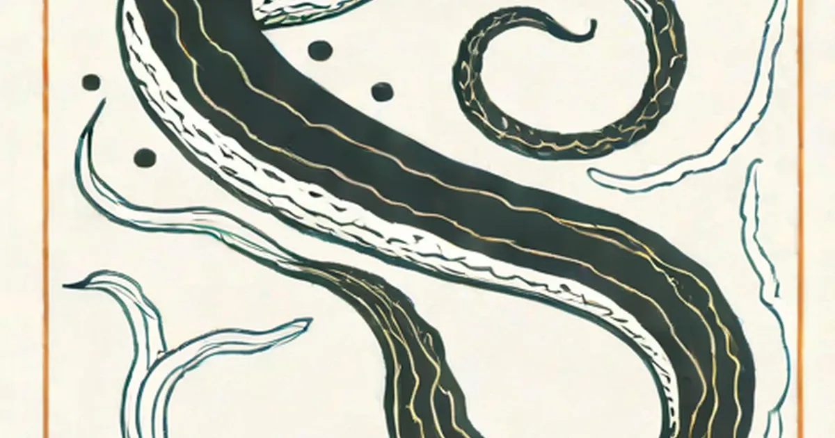 Illustration of gulper eels curved and looped in dark green and white line work