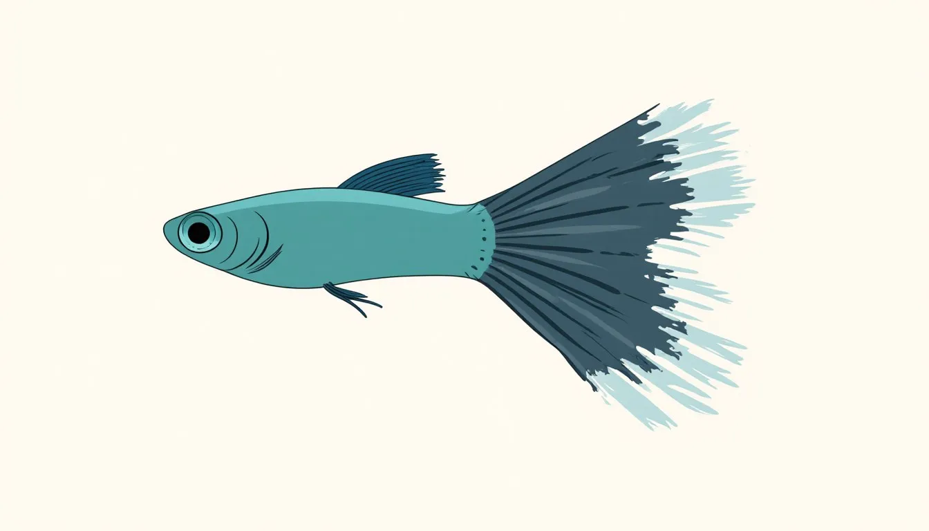 Illustration of a guppy fish with a frayed, ragged tail fin showing signs of fin rot disease