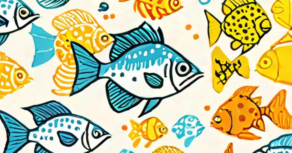 Stylized guppy fry in blue, orange, and yellow arranged in a repeating pattern