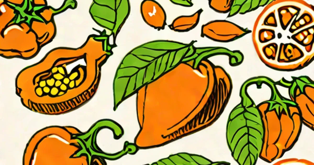 Colorful illustration of habanero peppers and citrus slices on a cream background
