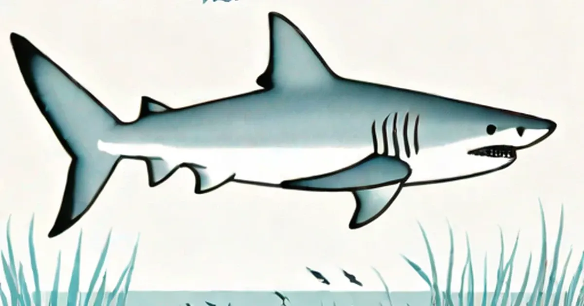 Illustrated gray tiger shark with white stripe and visible gill slits