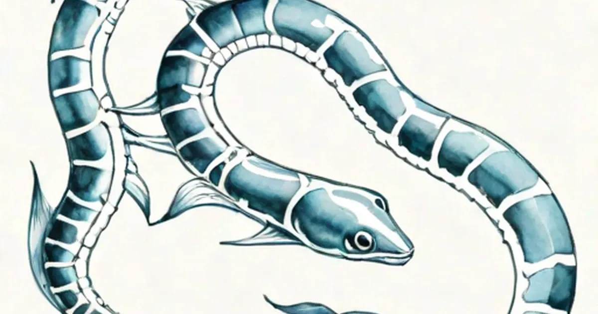Coiled hagfish illustration showing segmented body with white bands and tentacles