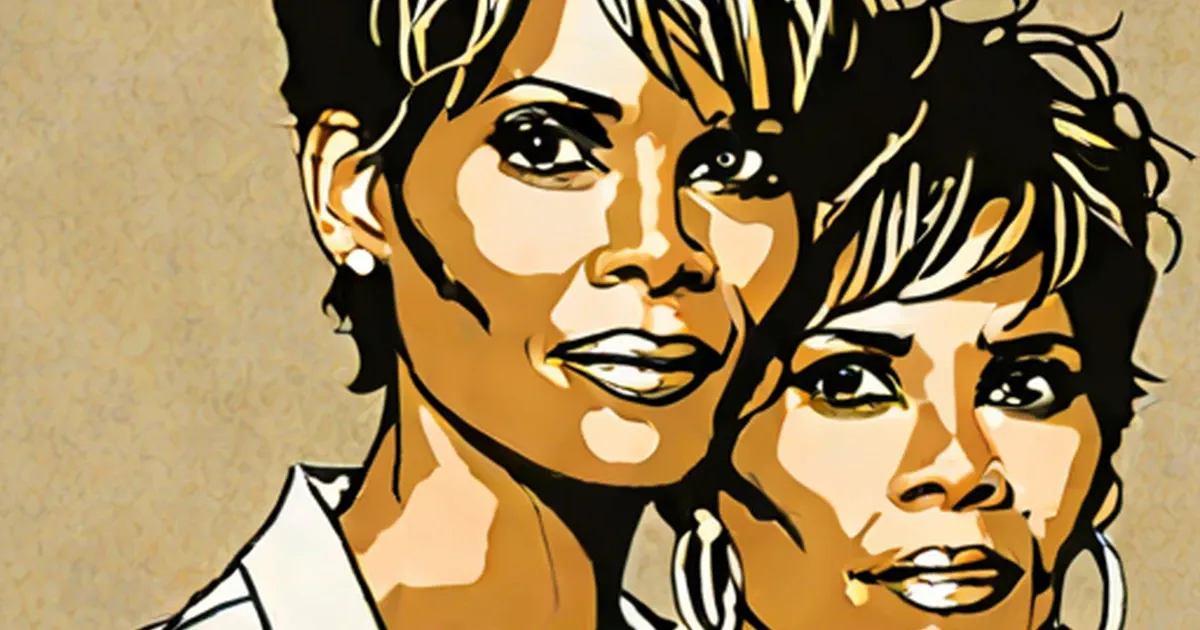Pop art portrait of Halle Berry in warm gold and orange tones