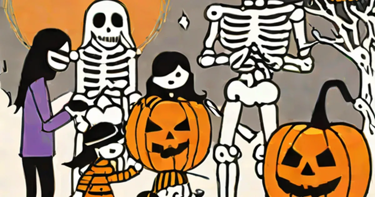 Cartoon figures wearing skeleton and mummy costumes with jack-o’-lanterns