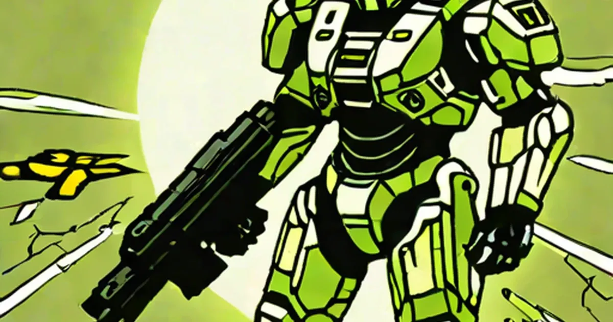 Armored soldier in green and white suit holding an assault rifle