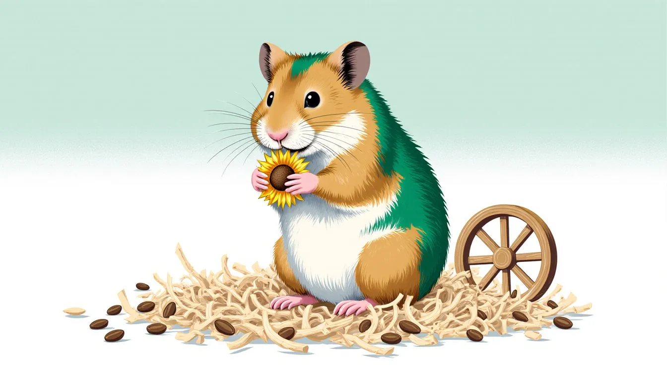 Illustration of a pet hamster sitting up holding a sunflower seed in a nest of wood shavings