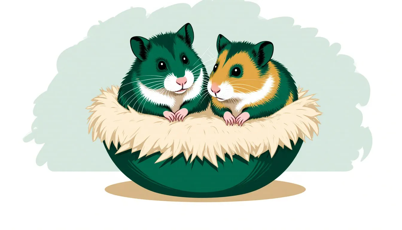 Two pet hamsters with different coat colors sitting side by side in a nest, illustrating hamster names for pairs.