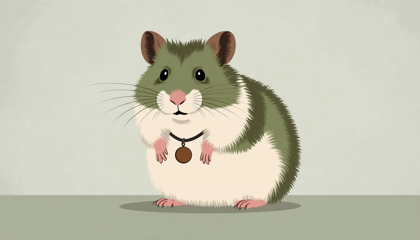 An illustrated pet hamster sitting upright wearing a collar with a small blank pendant, representing hamster names and