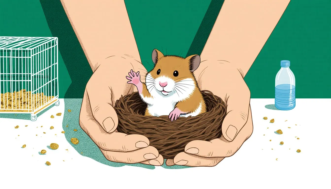 A hamster cupped gently in a child's hands beside its cage with bedding and a water bottle