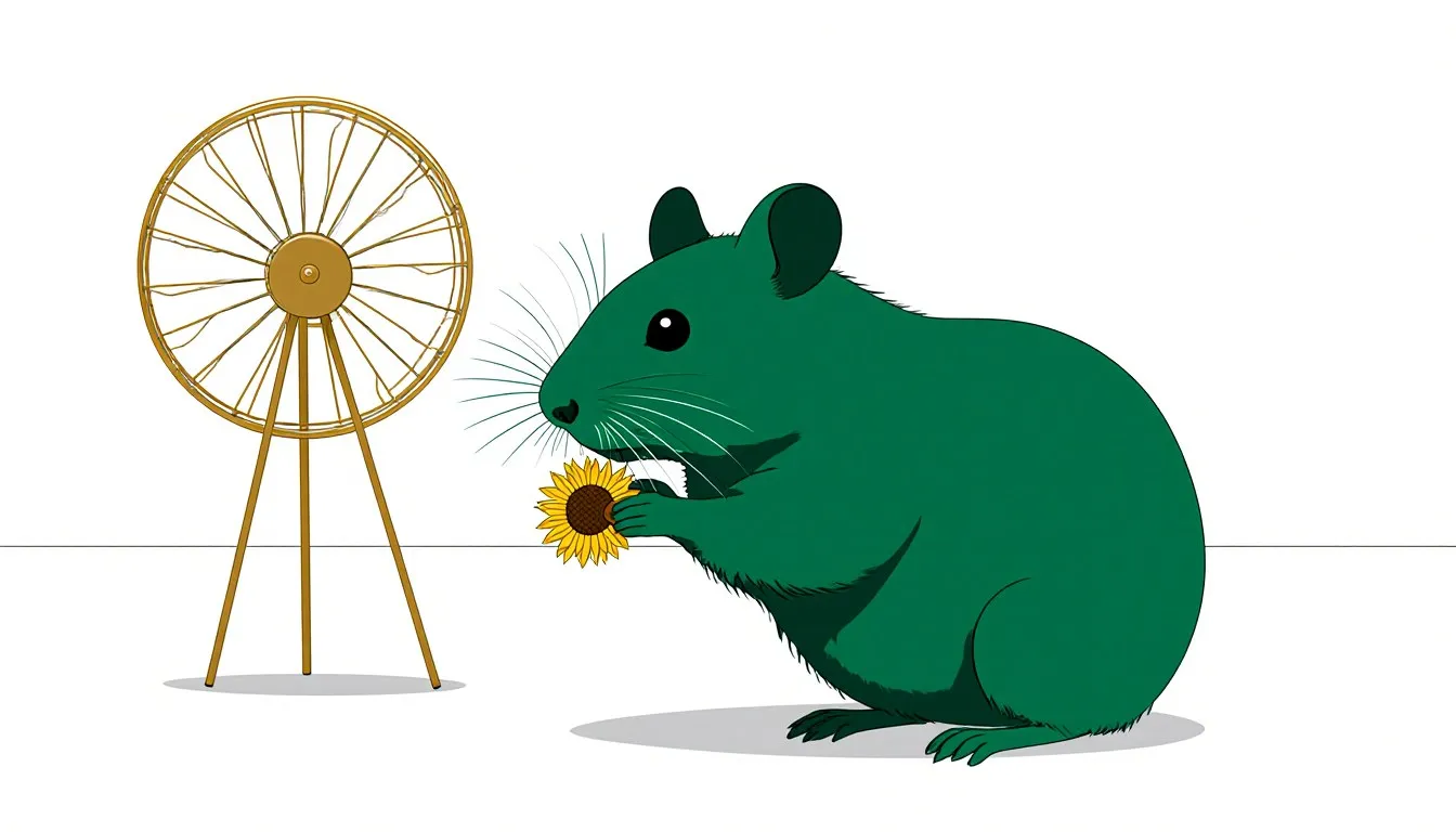 A pet hamster holding a sunflower seed beside its exercise wheel