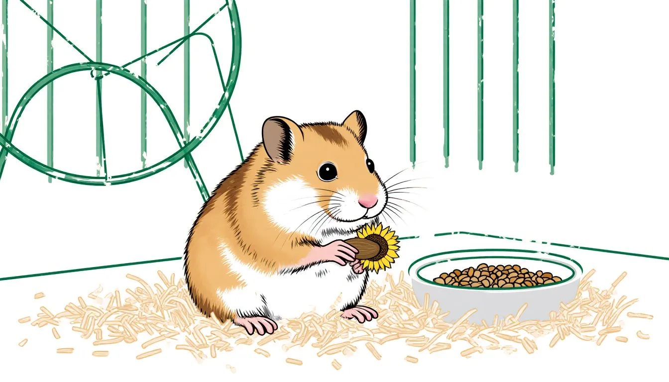 A pet hamster with full cheek pouches sits in its cage beside a food dish and exercise wheel