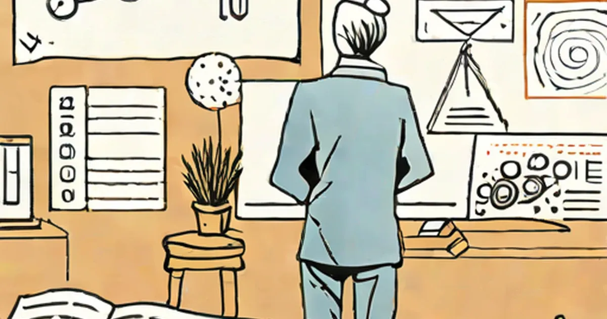 Person studying mathematical diagrams and geometric shapes on a wall