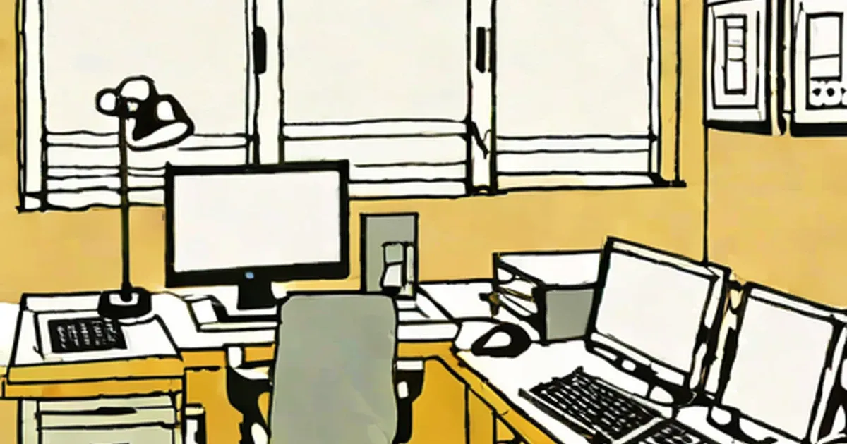 Illustrated office desk with computer monitors, keyboard, mouse, and desk lamp