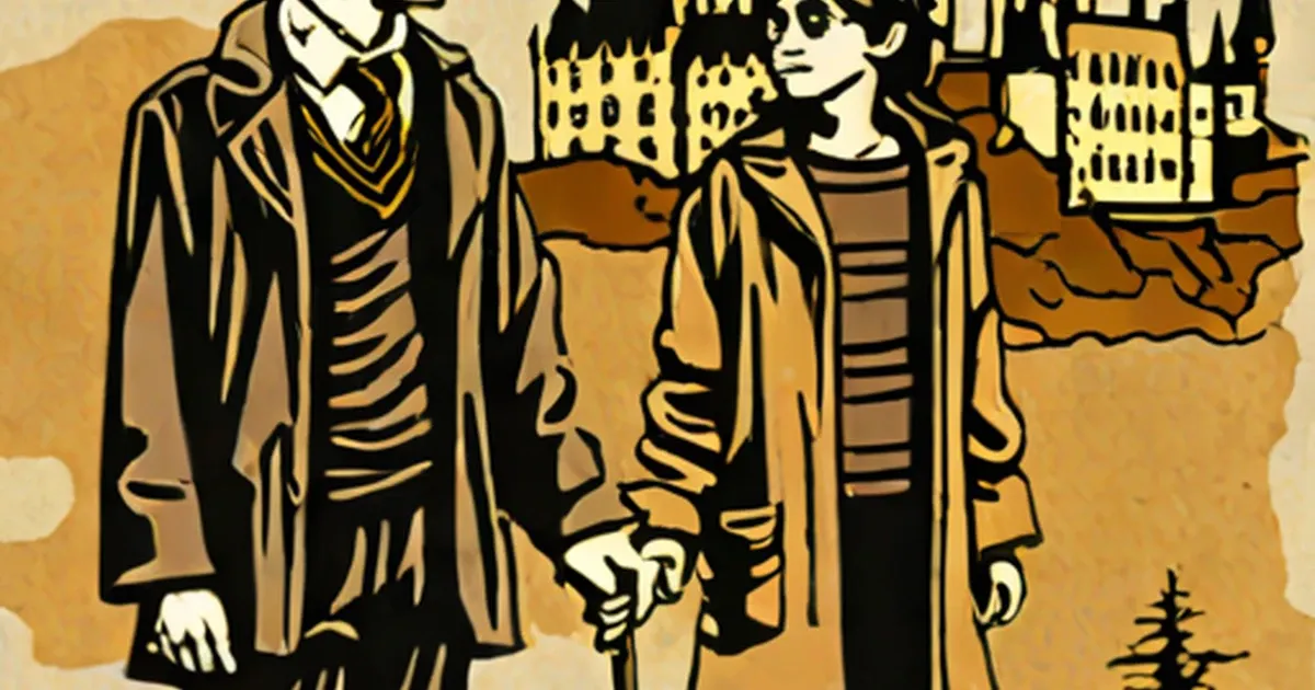 Three young wizards in black robes stand together against a tan background with a castle silhouette behind them
