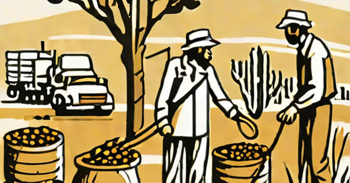 Two harvest workers collecting produce into baskets in arid farmland
