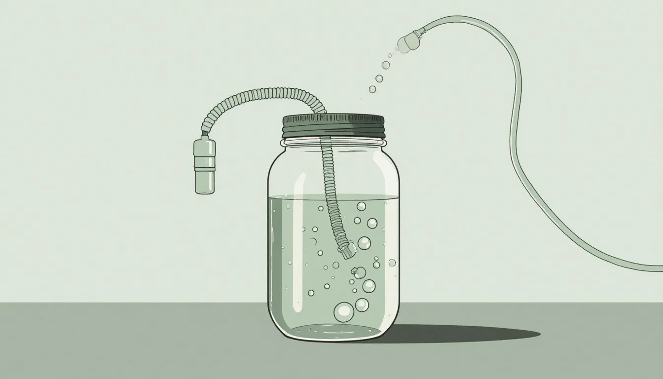 A mason jar hatchery with airline tubing bubbling through saltwater dotted with brine shrimp eggs
