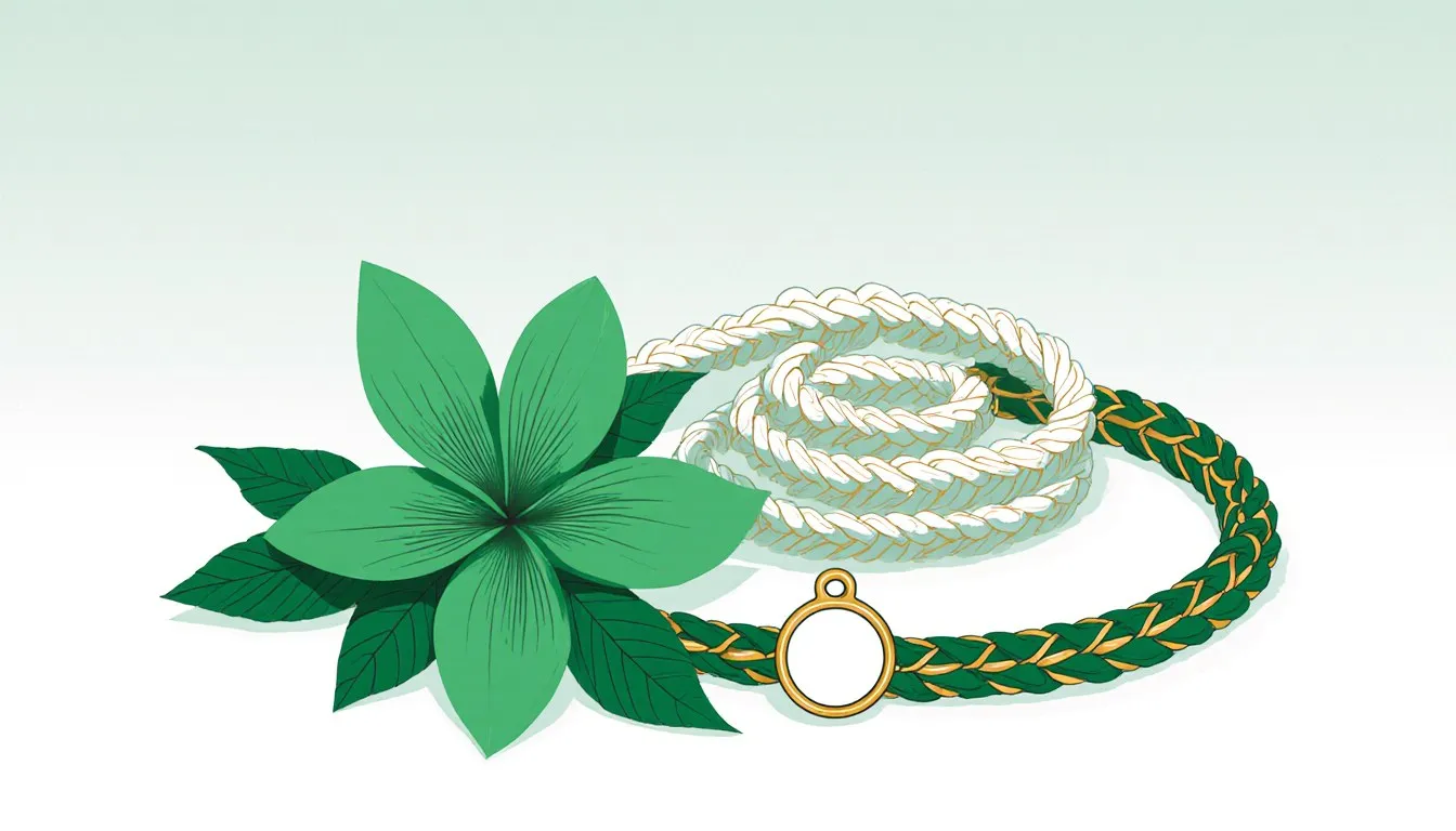 A plumeria flower, woven ti-leaf lei, and blank pet tag arranged together, evoking Hawaiian-inspired pet names