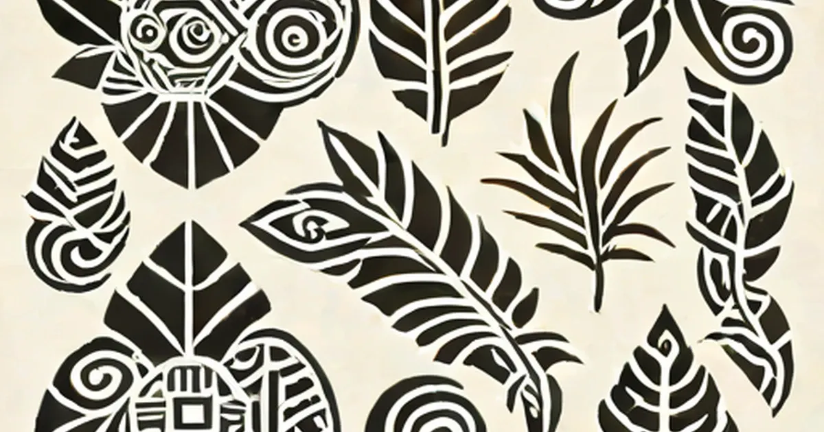 Black and white geometric tribal tattoo patterns with spirals, feathers, and shell motifs