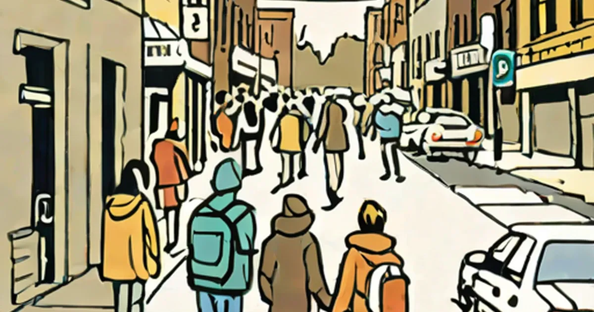 Illustrated downtown street with pedestrians and parked cars along buildings