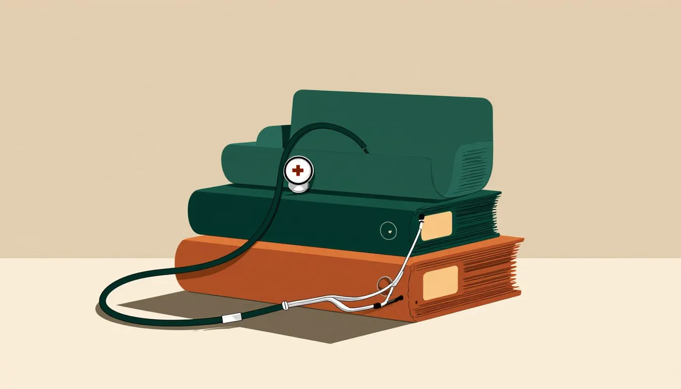 Stacked medical file folders in tiers with a stethoscope draped over the top, representing layered health record categories