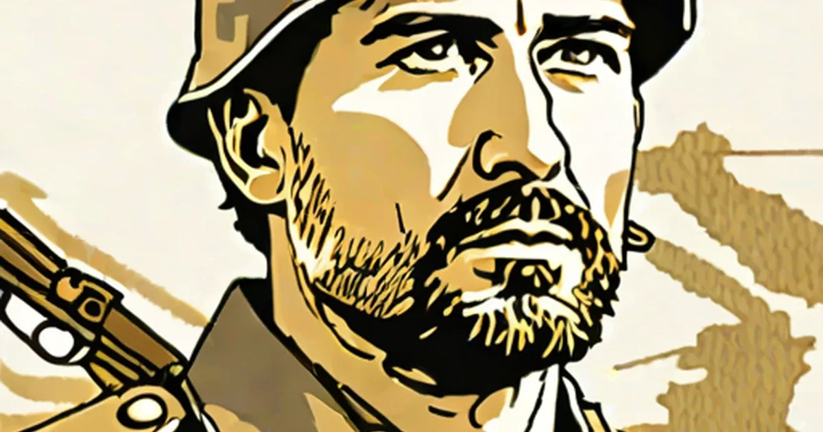 Illustrated portrait of a bearded military figure holding a rifle