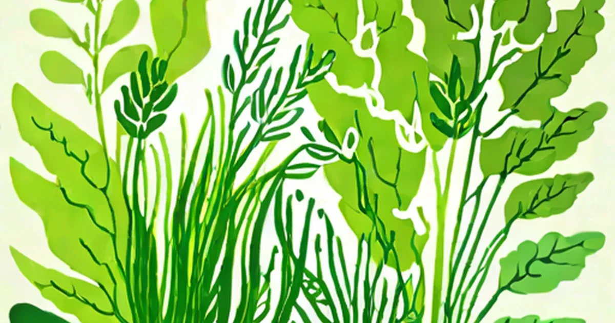 Green seaweed with feathery fronds and leaves on pale background