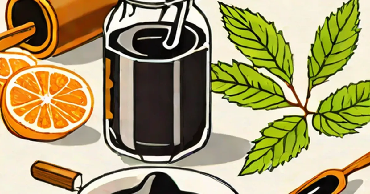 Dark molasses in a jar surrounded by orange slices, mint leaves, and cinnamon stick