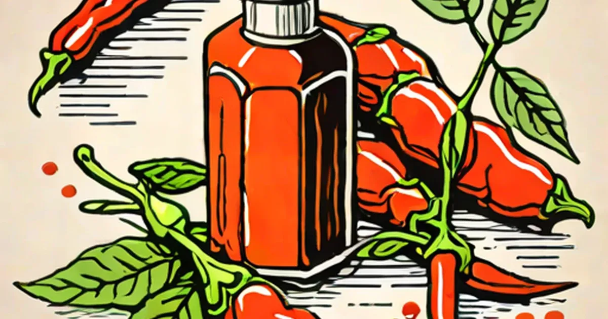 Red cayenne peppers and green plant leaves surrounding a corked bottle
