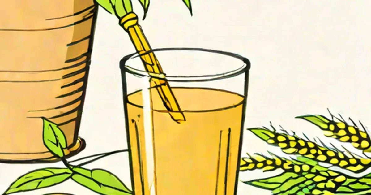 Glass of golden barley water with barley stalks and grain heads