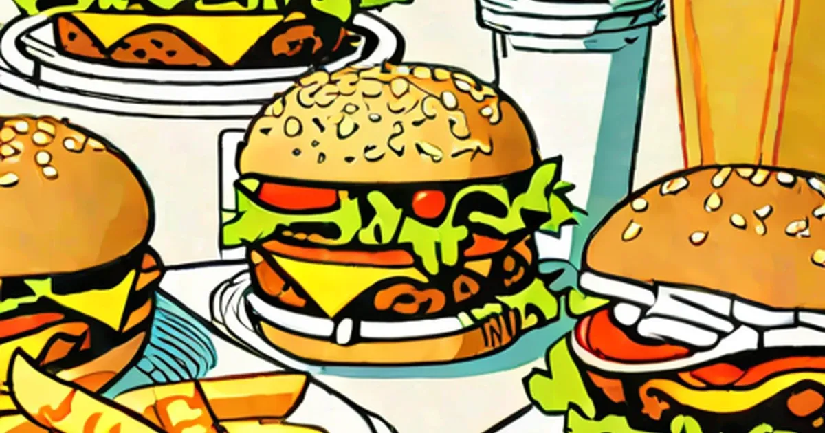 Cartoon illustration of hamburgers, french fries, and soft drink