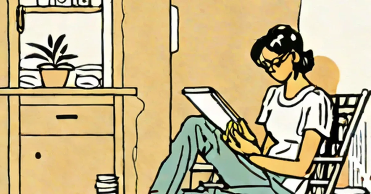 Woman sitting with a laptop by a sunny window with a potted plant