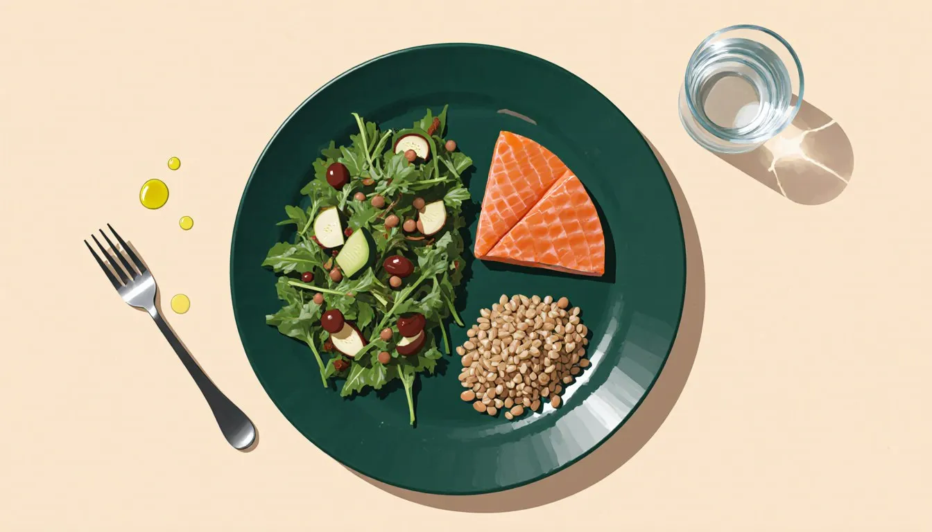 A balanced plate seen from above with a leafy green salad, a pile of whole grains, and two pieces of salmon, a fork and a glass of water beside it