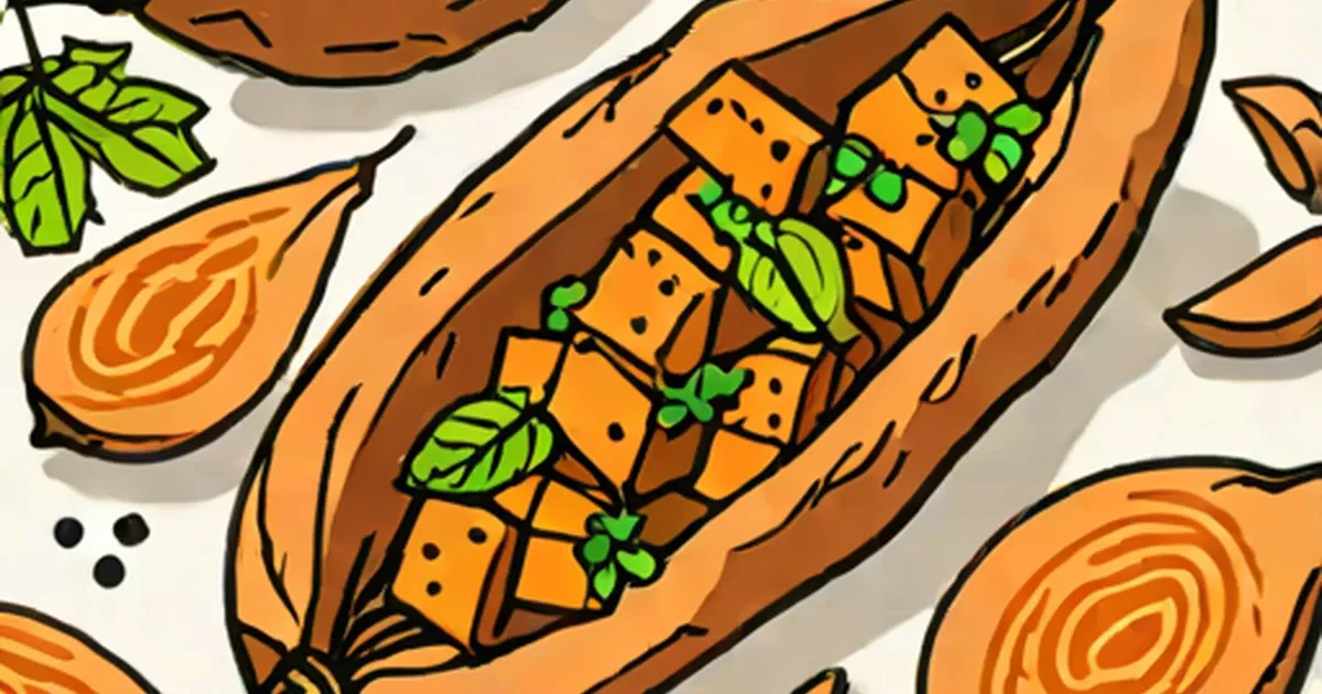 Roasted sweet potato halves topped with peas and herbs