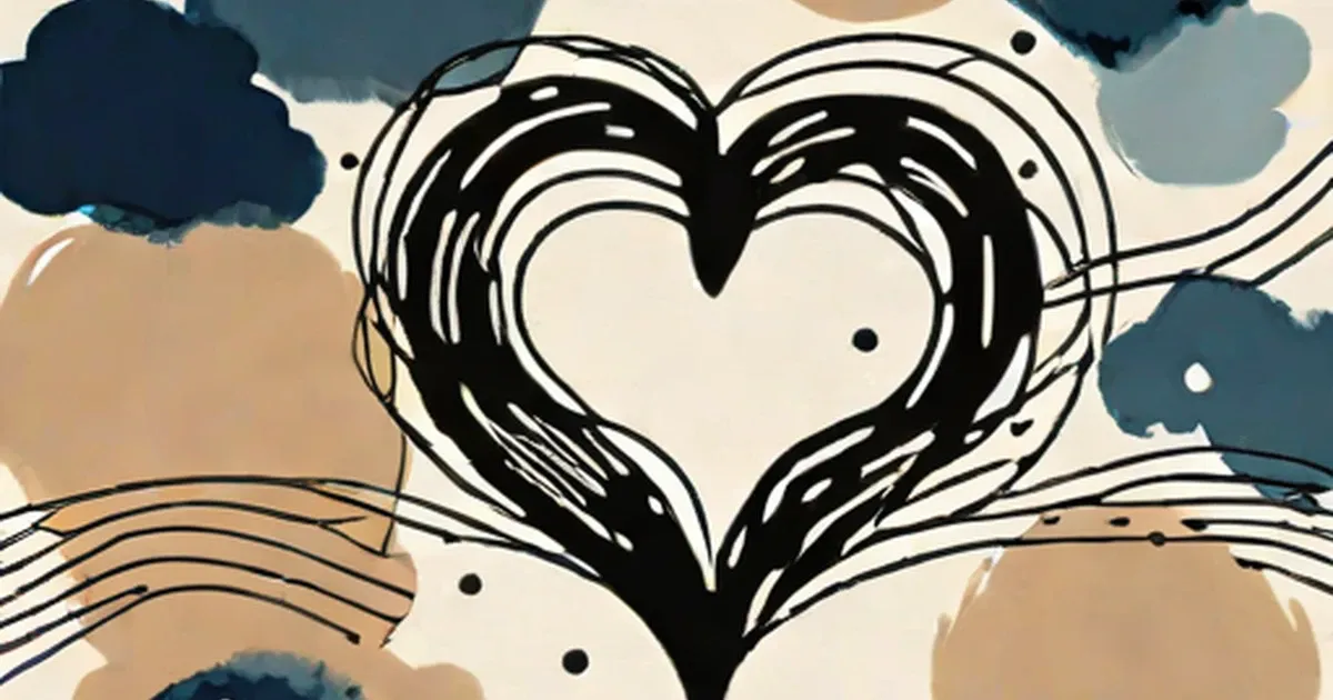 Heart illustration with concentric lines surrounded by blue and tan watercolor clouds