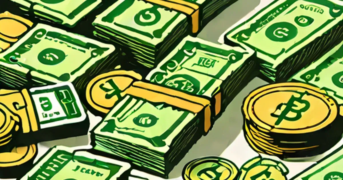 Stacks of green currency bills and gold coins with dollar symbols