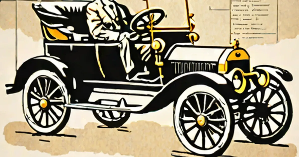 Vintage illustration of an early motorcar with large spoked wheels and a driver in the open cabin
