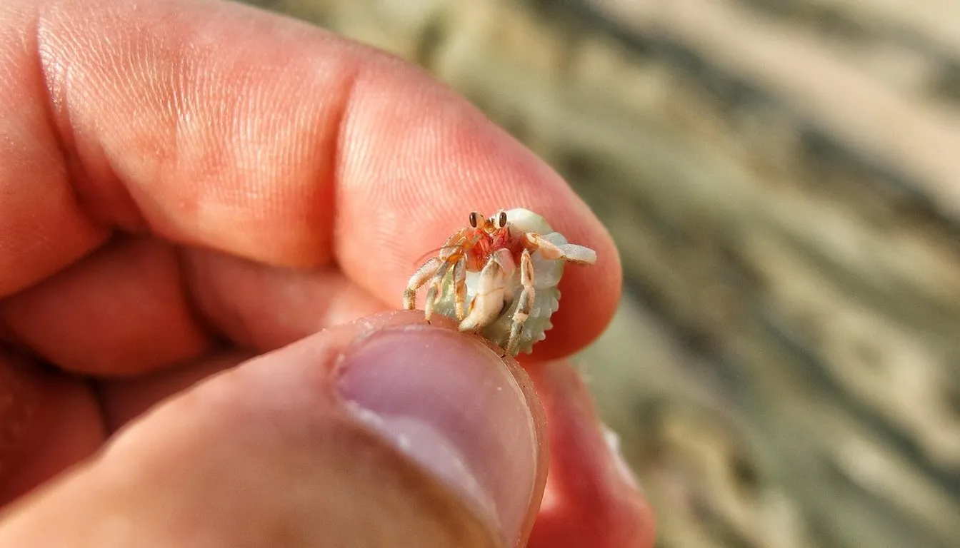 A tiny hermit crab held on a fingertip