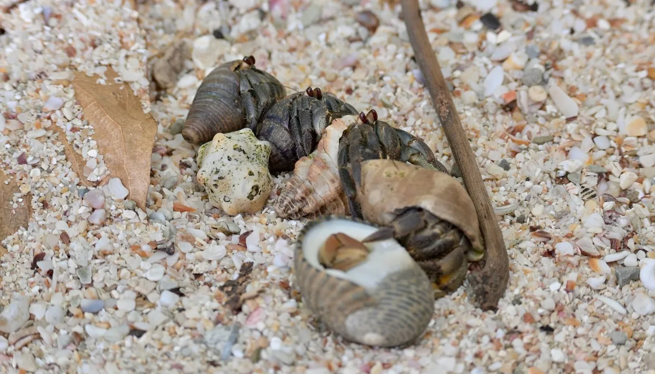Hermit crabs in shells on coarse sand