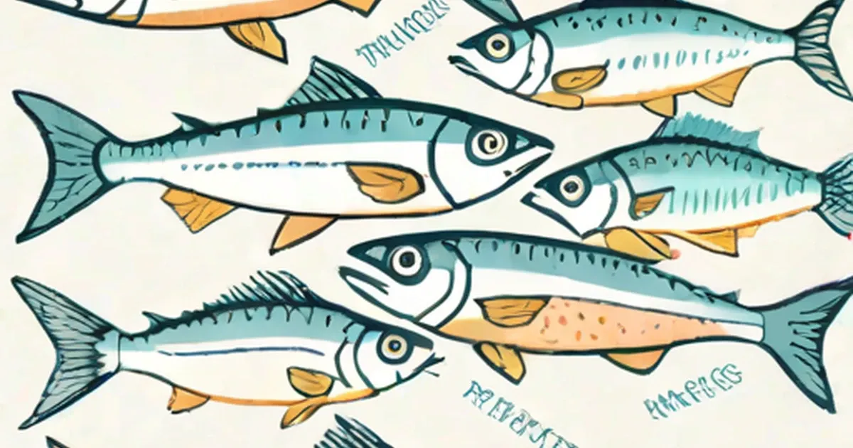 Five herring fish with teal and white bodies and orange fins on a cream background