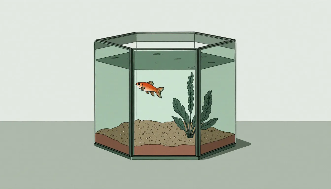 A hexagonal fish tank with a single fish swimming near one of its angular glass corners
