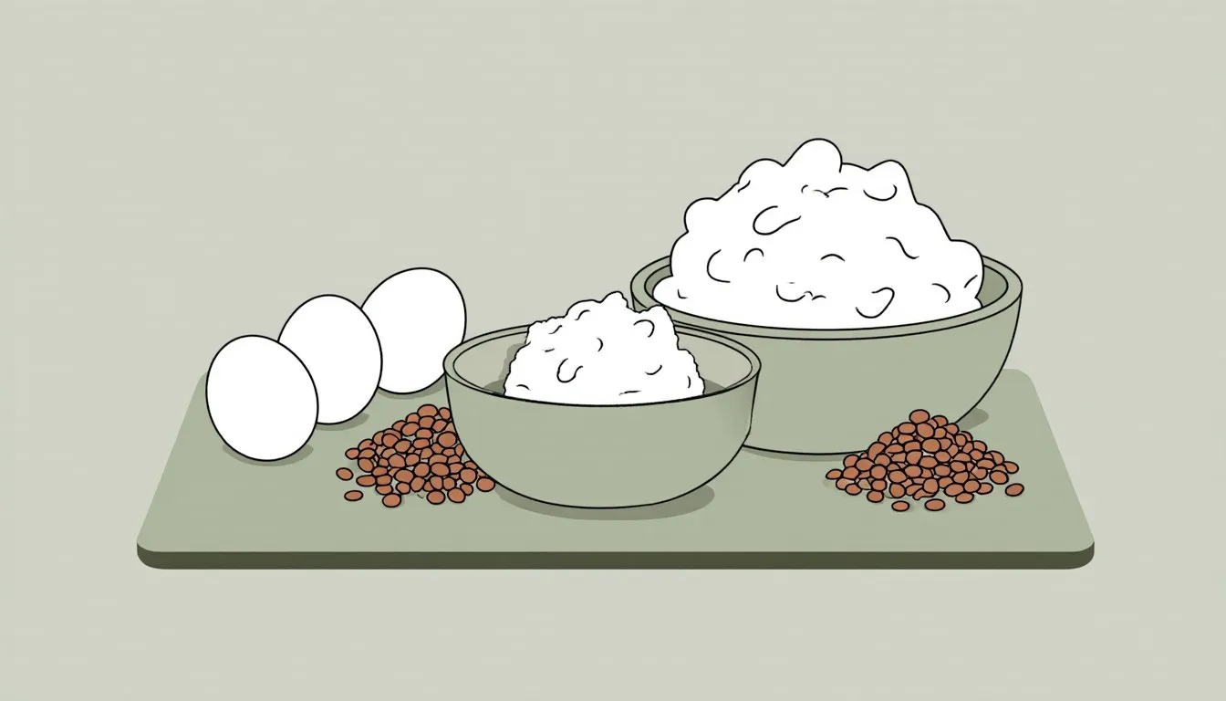 Eggs, cottage cheese, and dried lentils arranged together as staples of an affordable high protein diet